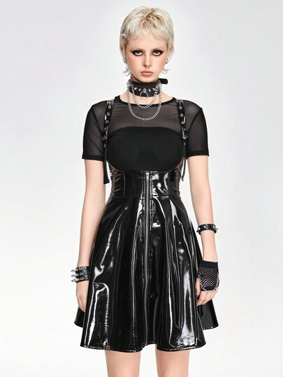 Grunge Punk Vestido de línea A con estilo punk y dobladillo acampanado y tirantes cruzados para mujer