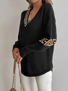 EMERY ROSE Women's Geometric Pattern V-Neck Black Long Sleeve Pullover Sweater,Long Sleeve Tops - Multicolor - View 6