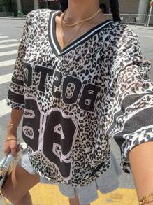 SHEIN EZwear Women's New V-Neck Leopard Print & Letter Oversized Casual T-Shirt