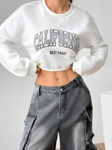 SHEIN Unity 休闲 CALIFORNIA 地理名称短款运动衫，春秋季 - 白色 - 查看 5
