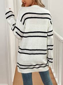 SHEIN LUNE Striped Long Sleeve Hollow Splice Casual Cardigan - Black and White - View 2