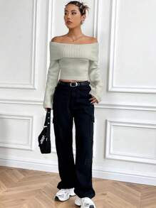 Flirla 1pc Solid Color Casual Off Shoulder Long Sleeve Sweater, Knit Pullover Fall Winter - Grey - View 4