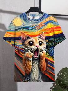 Manfinity Homme Men Round Neck Short Sleeve Funny Cat Print Casual Top, Graphic Tee, For Going Out - Multicolor - View 3