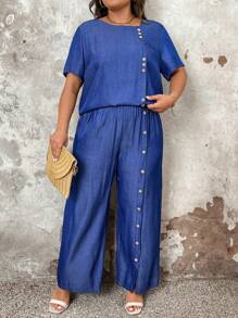 2 piezas Conjunto de blusa holgada de manga corta con botones y pantalón casual de pierna recta para tallas grandes - Azul - Ver 3