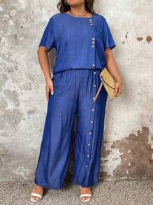 2 piezas Conjunto de blusa holgada de manga corta con botones y pantalón casual de pierna recta para tallas grandes - Azul - Ver 5