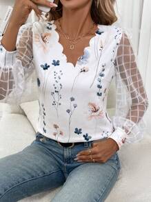 SHEIN Clasi Women's Floral Print Fitted Shell Trim Paneled Mesh Long Sleeve Blouse