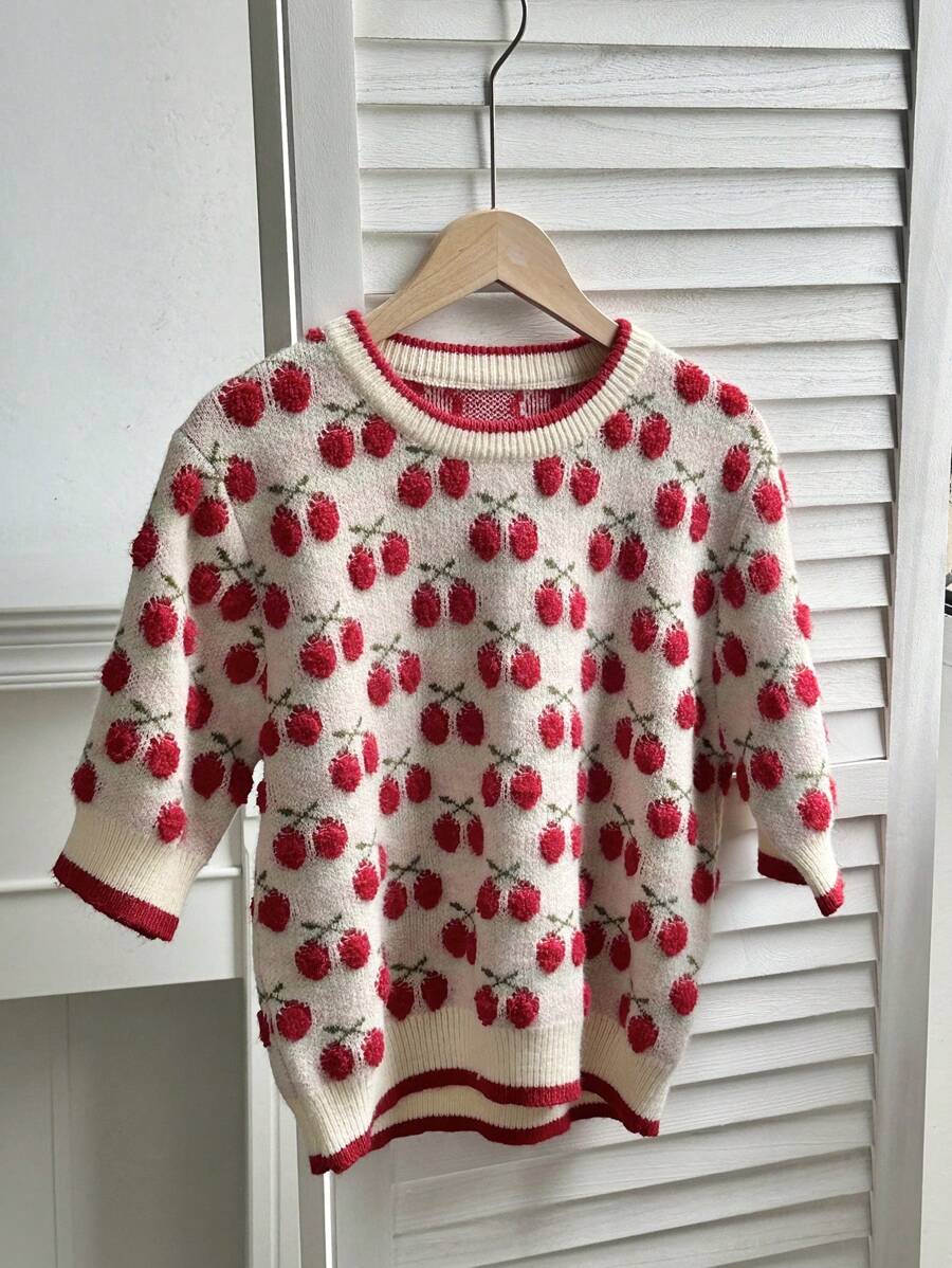 Elamini Women's Casual Cherry Print Short Sleeve Knit Sweater, Spring And Autumn - Apricot - View 1