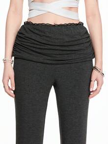ROMWE Kawaii Calça feminina skinny flare vintage Y2K de cintura baixa com detalhes em renda e franzidos, peça versátil para usar em casa. - Cinza escuro - Ver 6