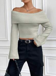 Flirla 1pc Solid Color Casual Off Shoulder Long Sleeve Sweater, Knit Pullover Fall Winter - Grey - View 5