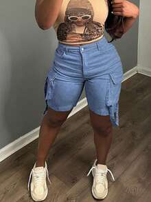 Y2K 宽松直筒多口袋牛仔短裤（女款） - 中等水洗藍 - 查看 5