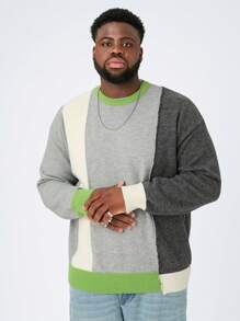 Mainfolk Plus Size Men's Casual Patchwork Loose Dropped Shoulder Crew Neck Sweater, Suitable For Autumn/Winter - Multicolor - View 1