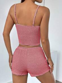 SHEIN Unity Bộ 2 chiếc áo yếm sọc và quần short cài cúc phía trước phối ren cho nữ (Diềm xếp nếp ngẫu nhiên) - Đỏ và trắng - Xem 2