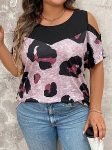 SHEIN LUNE 大码夏季时尚豹纹拼布露肩休闲 T 恤 - 彩色 - 查看 6