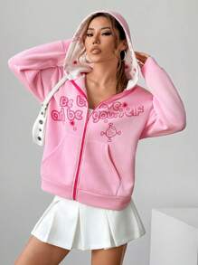 SHEIN Unity 前拉链长袖字母印花口袋连帽衫，休闲日常穿着