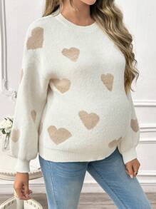 SHEIN Áo len chui đầu cổ tròn dài tay họa tiết trái tim cho bà bầu, mặc khi mang thai, mặc vào mùa đông - trắng - Xem 4