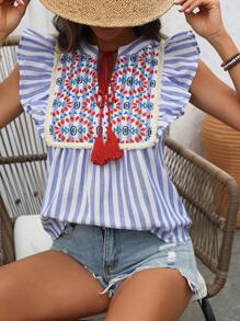 Breezaya Casual Striped Embroidery Tassel Rope And Lace Hem Patchwork Ruffle Cap Sleeve Shirt - Multicolor - View 4