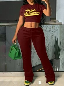 INAWLY 2 chiếc áo nữ cổ tròn in chữ tay ngắn và quần dây rút Bộ đồ thường ngày - Màu Đỏ Sâu - Xem 1