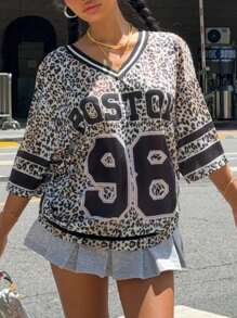 SHEIN EZwear Women's New V-Neck Leopard Print & Letter Oversized Casual T-Shirt