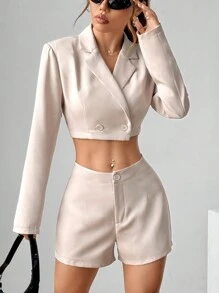 SHEIN Unity 女士纯色缺口领长袖短款上衣和前扣短裤套装 - 杏色 - 查看 4