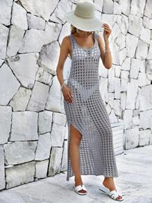 EURMUSE Hollow Out Split Thigh Cover Up Dress Without Bikini Set - Blue - View 1