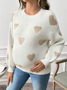 SHEIN Áo len chui đầu cổ tròn dài tay họa tiết trái tim cho bà bầu, mặc khi mang thai, mặc vào mùa đông - trắng - Xem 5