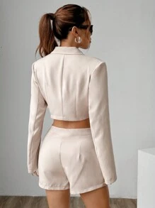 SHEIN Unity 女士纯色缺口领长袖短款上衣和前扣短裤套装 - 杏色 - 查看 2