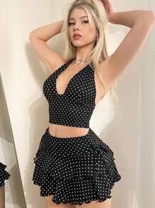 Sweetina 2 件套 吊带背心波尔卡圆点印花短款 V 领上衣和迷你波尔卡圆点多层荷叶边下摆半身裙 2 件套 Y2K 黑色套装 - 黑色 - 查看 1