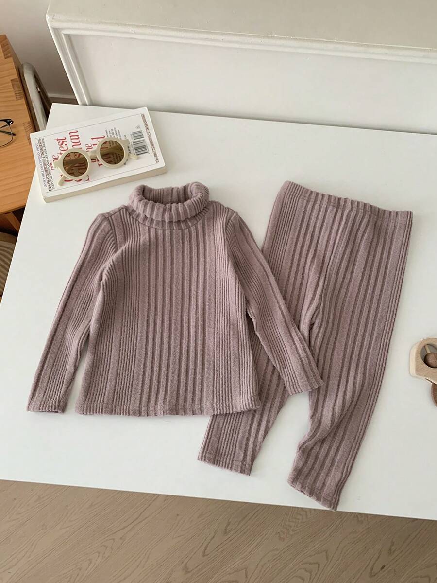 SHEIN 2 件套女婴休闲针织高领上衣和裤子套装 - 藕粉色 - 查看 1