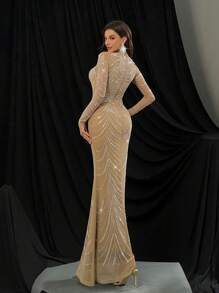 QOQ 时尚华丽热钻晚礼服奢华水钻礼服适合鸡尾酒会、红毯活动、庆典纯色长袖美人鱼下摆礼服