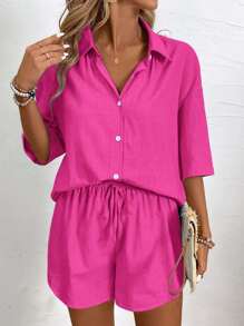 EMERY ROSE Women's Summer Solid Color Drop-Shoulder Sleeve Shirt And Waist-Tied Loose Casual Shorts 2pcs Outfit - Hot Pink - View 7