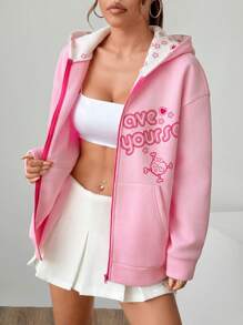 SHEIN Unity 前拉链长袖字母印花口袋连帽衫，休闲日常穿着