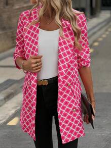 SHEIN Clasi Geometric Print Double-Breasted Suit Jacket For Vacation Fall Cloth For Women - Hot Pink - View 3