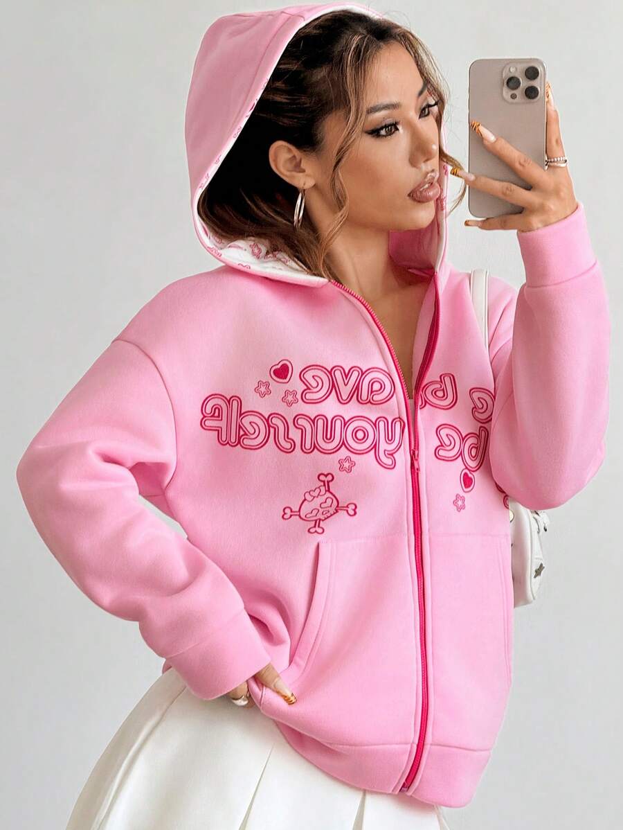 SHEIN Unity 前拉链长袖字母印花口袋连帽衫，休闲日常穿着