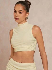 L'Amorae Top de tirantes corta fruncida con cuello alzado unicolor - Albaricoque - Ver 1