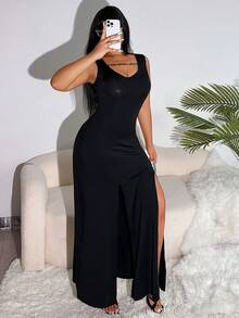 Women's Solid Color High Slit Dress - Black - View 3