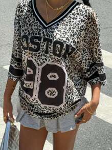 SHEIN EZwear Women's New V-Neck Leopard Print & Letter Oversized Casual T-Shirt