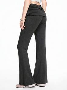 ROMWE Kawaii Calça feminina skinny flare vintage Y2K de cintura baixa com detalhes em renda e franzidos, peça versátil para usar em casa. - Cinza escuro - Ver 2