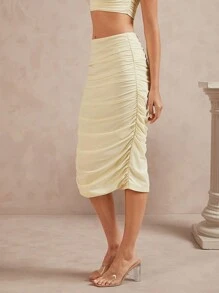 L'Amorae 女士纯色褶皱修身优雅铅笔裙