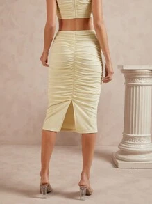 L'Amorae 女士纯色褶皱修身优雅铅笔裙