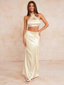 Forever 21 夏季新款網布拼接蝴蝶結露背上衣 + 瘦身長尾裙派對氛圍套裝 - 杏色 - 查看 6