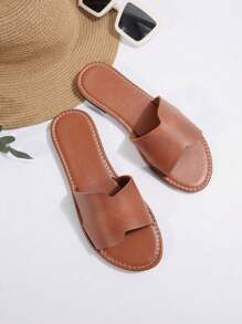 女士新款时尚露趾镂空一脚蹬拖鞋，舒适家居拖鞋 - 棕色 - 查看 4