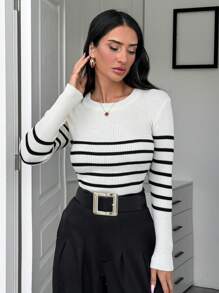 EURMUSE Women Stripe Pattern Round Neck Pullover - Black and White - View 3