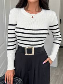 EURMUSE Women Stripe Pattern Round Neck Pullover - Black and White - View 5