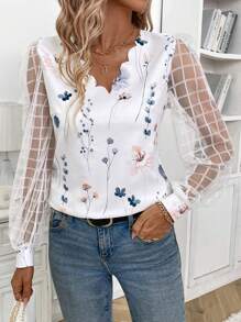 SHEIN Clasi Women's Floral Print Fitted Shell Trim Paneled Mesh Long Sleeve Blouse