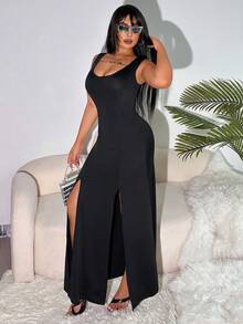 Women's Solid Color High Slit Dress - Black - View 4