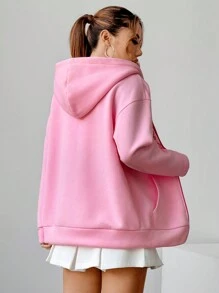 SHEIN Unity 前拉链长袖字母印花口袋连帽衫，休闲日常穿着