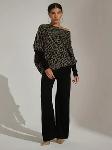 Women's Sweater Knitted 2-Piece Set Sweater & Solid Color Pants - Black - View 1
