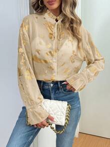 SHEIN Clasi Women's Elegant Gold Floral Print Ruffle Collar Tie Front Long Sleeve Blouse Fall Cloth For Women - Multicolor - View 6