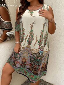 SHEIN LUNE 大尺碼荷葉邊印花露肩寬鬆連衣裙 - 綠色 - 查看 3