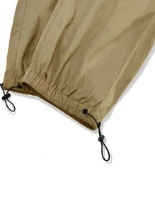 Manfinity Roghcode Quần ống rộng cạp cao có túi nắp trơn cho nam, dáng rộng, dây rút, thu đông - Màu Khaki - Xem 8